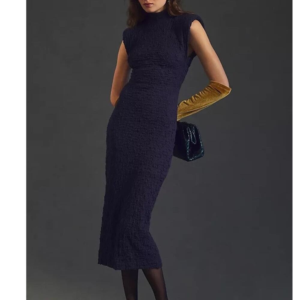 Sabina Musayev Revolve Nofit Blue Mock-Neck Unlined Textured Midi Dress Medium - Picture 5 of 16